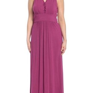 332- London Times NWT Fuschia Ruffled V-Neck Maxi Dress, Size Petite Large.
